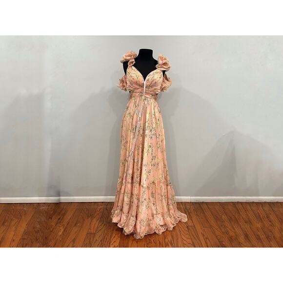 Mac Duggal 67803 Pink Ruffle Tiered Floral Cut-Out Chiffon Gown Dress Sz 4 NWOT - Picture 2 of 6